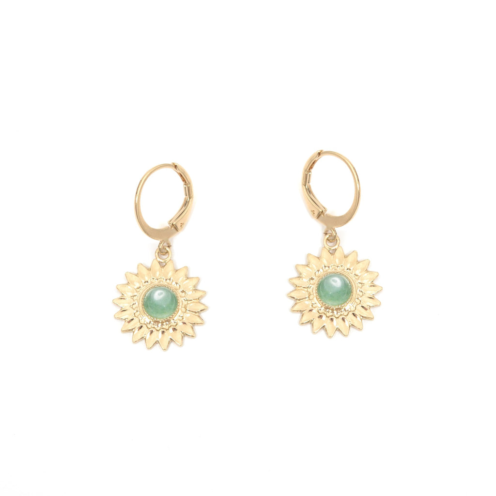 boucles d'oreille Tournesol pendantes avec pierre naturelle, serties en aventurine